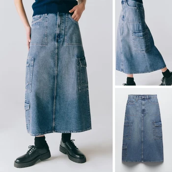 Весенне-летняя новинка, европейская и американская универсальная свободная джинсовая юбка с множеством карманов в стиле ретро, длинная юбка с высокой талией